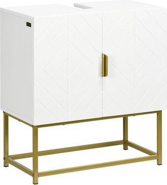Kleankin Mueble Para Debajo Del Lavabo Armario Para Lavabo De Ba&ntilde;o Moderno Armario Bajo Con 2 Puertas Y Patas De Acero Dorado 60x30x65 Cm Blanco - Kleankin