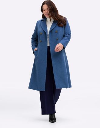 Sheego Wollmantel SHEEGO BY JOE BROWNS, Damen, Gr. 52, blau (jeansblau), 90% Polyester, 10% Wolle, unifarben, unifarben mit Farbeinsatz, unifarben mit Farbei