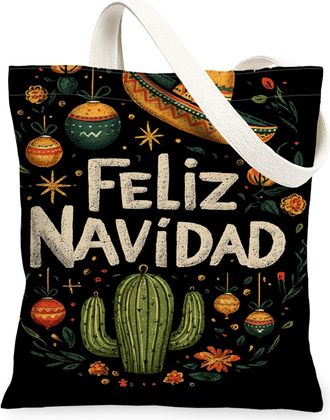 Generic Christmas Cactus Canvas Tote Bags, Festive Plant Pattern Reusable Bags, Winter Rustic Lightweight Washable Canvas for Trave, Black, 13x15 Inch
