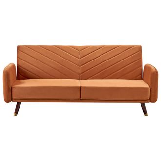 Beliani Sof&aacute; Cama 3 Plazas De Terciopelo Naranja Madera Oscura Reclinable Senja