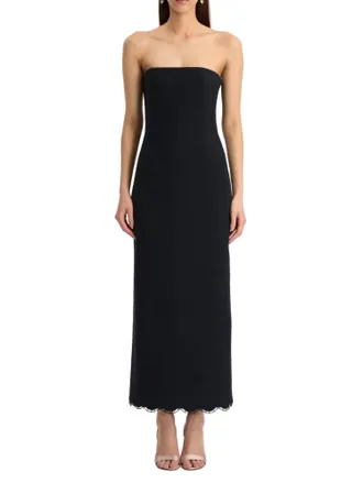 Oscar De La Renta Strapless Tweed Bustier Midi Dress In Navy
