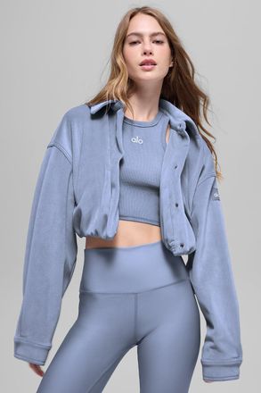 Alo | Ribbed Velour Cropped Mountain Side Jacket in Winter Frost Blue, Size: Medium