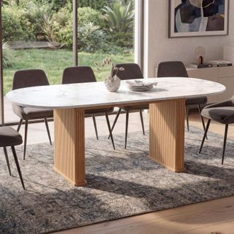 IDMarket Juliette Mesa De Comedor Extensible Ovalada 6-10 Personas Patas De Listones De Roble Tablero Efecto M&aacute;rmol 160-200 Cm