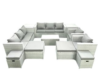 Fimous 11 Pieces Rattan Garden Furniture Set Outdoor Garden Sofa Chair Coffee Table Set with 4 Footstools 2 Side Tables Light Grey Mixed
