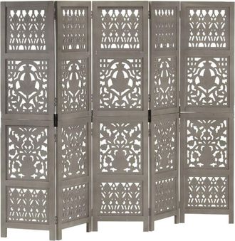 vidaXL Hand Carved 5-Panel Room Divider Grey 200x165 cm Solid Mango Wood Vidaxl