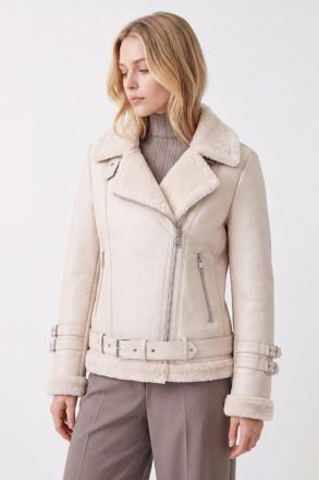 Elle Womens Ines Faux-Shearling Biker Jacket Beige - Size Medium