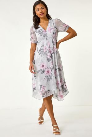 Roman Floral Print Hanky Hem Midi Dress
