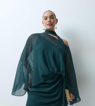 Asos Curve ASOS DESIGN Curve abito mini in chiffon con spalle scoperte, mantella e sciarpa, verde petrolio-Blu