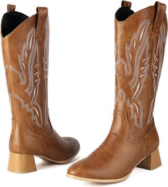 Generic Womens PU Leather Western Cowboy Boots with Side Zipper Round Toe Knee High Boots Block Heel Long Boot with Embroidery Stitched,Yellow,3.5 UK