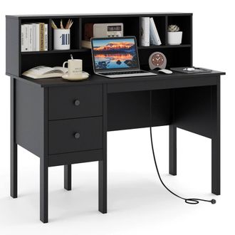 Costway Costway Computer Desk 120 CM Writing Desk with Power Outlets & Drawers in Black