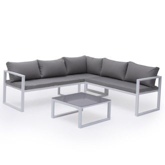Happy Garden Conjunto de muebles de jard&iacute;n de 4 plazas tela gris y aluminio blanco