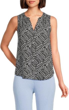 T Tahari Top Womens Black White Leaf Printed Sleeveless Split Neck FTS1155