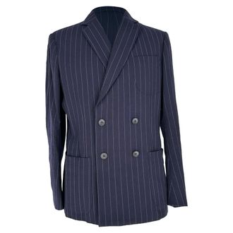 Giorgio Armani Double Breasted Pinstripe Blazer in Navy Blue Wool