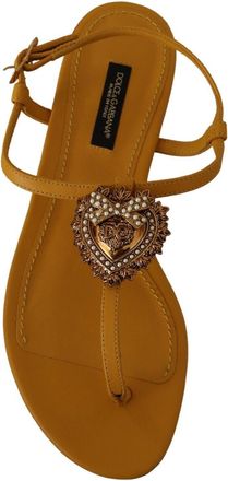 Dolce & Gabbana Womens Mustard Leather Devotion Flats Sandals Shoes Yellow