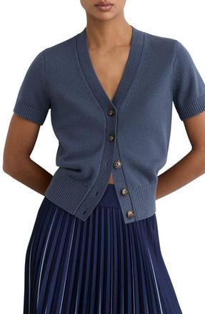Reiss Anya Short Sleeve Cotton & Wool Cardigan in Blue at Nordstrom, Size Large