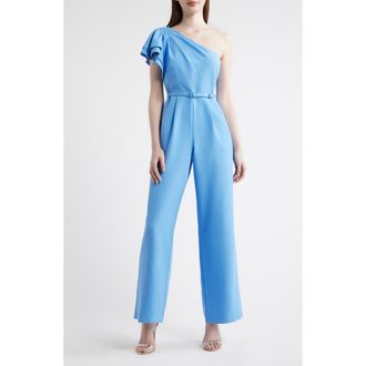 Anne Klein Flutter Sleeve One-Shoulder Wide Leg Scuba Knit Jumpsuit in Seaport at Nordstrom, Size 10
