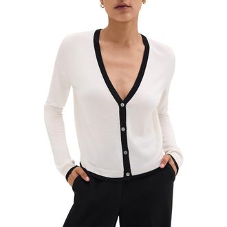 Theory Contrast Trim Wool Blend Cardigan in Ivory/Black - C74 at Nordstrom Rack, Size Petite