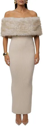 JLUXLABEL Hour Faux Fur Detail Off-the-Shoulder Rib Knit Dress in Beige at Nordstrom, Size X-Small
