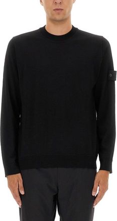 Stone Island Black Wool Sweater With Ribbed Details