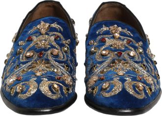 Dolce & Gabbana Mens Blue Velvet Embellished Dress Loafers Shoes Leather