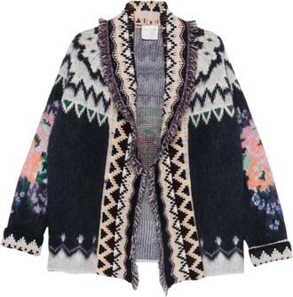 Forte_Forte Cardigan met sjaalkraag en franjes - Dames - Vesten - Blauw - XS - Truien & Vesten