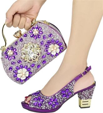 Generic Womens Wedding Bride Luxury Thick Heel Shoes and Evening Handbag Matching Set with Sparkly Rhinestone Flower Purple