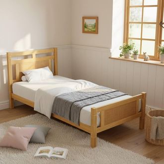 Merax 3ft Single Wood Colour Wooden Bed Frame with Rattan Effect Headboard in Natural
