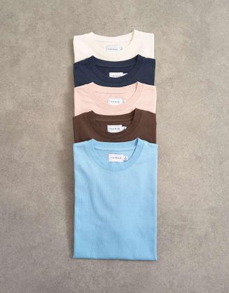 Topman Confezione da 5 T-shirt vestibilit&agrave; classica blu navy, &eacute;cru, rosa, marrone e blu-Multi