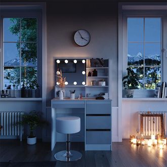 Vicco Tocador Sherry, Blanco, 140 Cm Con Iluminaci&oacute;n Led, Taburete Y Estante Con Espejo