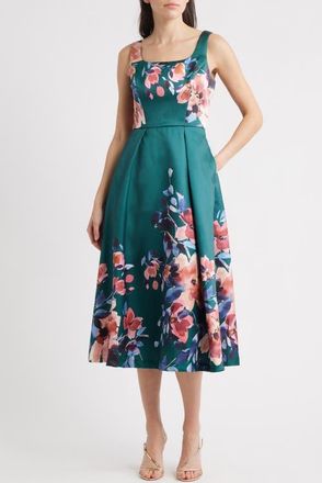 Julia Jordan Pleated Fit & Flare Sleeveless Cocktail Midi Dress in Green Multi at Nordstrom, Size 10
