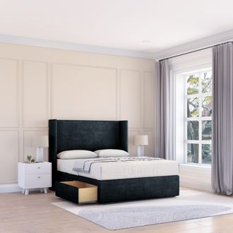 Sloomy Devonshire Naples Wingback Bed Set, 2 Drawers & 54 Floor Standing Headboard in Black | Size: Super King