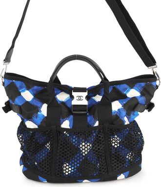Chanel Black Blue White Nylon Handbag Shoulder Bag Tote Bag (Pre-Owned)