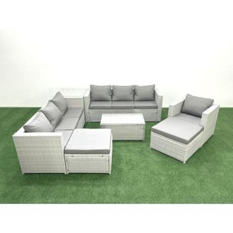 Fimous Wicker pe Rattan Sofa Garden Furniture Set with Armchair Oblong Coffee Table 2 Big Footstools Side Table Light Grey Mixed - Fimous