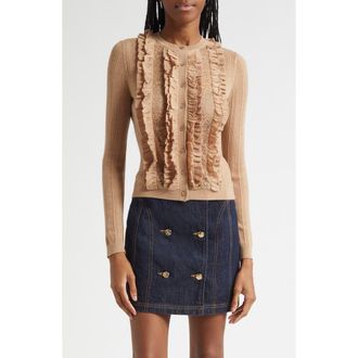 Ulla Johnson Maryel Ruffle & Lace Merino Wool Cardigan in Camel Melange at Nordstrom Rack, Size Medium