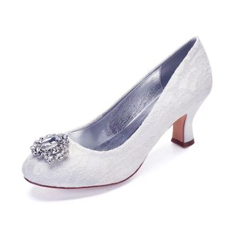 Generic Bridal Round Toe Pumps Womens Comfortable Low Kitten Heel Dress Shoes Wedding Shoes Slip on Work Pumps 6.5Cm,White,6 UK