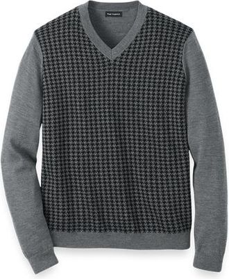 Paul Fredrick Washable Merino Wool Houndstooth V-neck Sweater in Black/grey at Nordstrom, Size Xx-Large