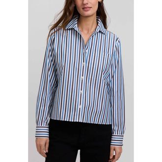 Foxcroft Jodie Stripe Cotton Button-Up Shirt in Indigo Blue/multi at Nordstrom, Size X-Large