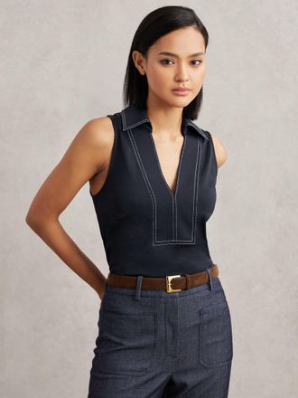Reiss Cotton-blend Collared Sleeveless Top, XS