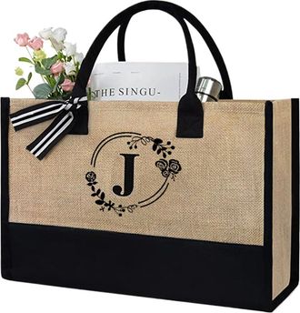 Generic Fiorky Initial Jute Tote Bag, Personalized Present Bag, Jute Bag Shopper Summer Beach Bag Handbag with Letter for Wedding, Birthday, Beach, Gift for T