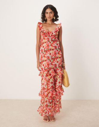 For Love & Lemons Ambrosia - Vestito lungo rosso con schiena scoperta e volant