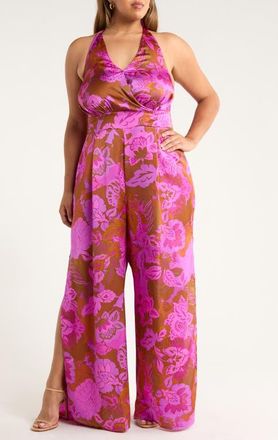 Sugarlips Lorian Floral Magic Moment Halter Jumpsuit in Rust-Magenta at Nordstrom, Size 3 X