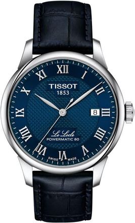 Tissot Le Locle Powermatic 80 Leather Strap Watch, 39.3mm in Blue at Nordstrom