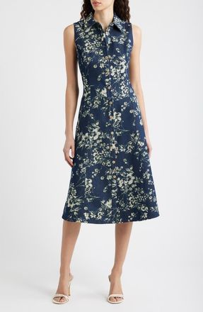 Elie Tahari The Gabby Floral Burnout Denim Midi Dress in Dark Denim at Nordstrom, Size 16
