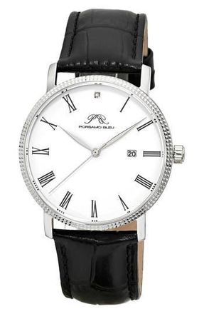 Porsamo Bleu Veritas 1 Croc Embossed Leather Strap Watch, 40mm in Silver at Nordstrom Rack