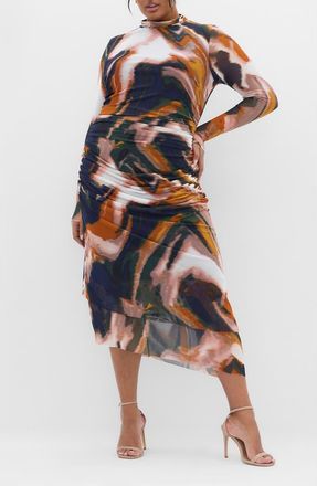 City Chic Zia Print Long Sleeve Ruched Mesh Dress in Glaze at Nordstrom, Size Xs