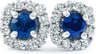 Pompeii3 1 3/8 Ct Genuine Blue Sapphire & Diamond Cushion Halo Studs 14k White Gold