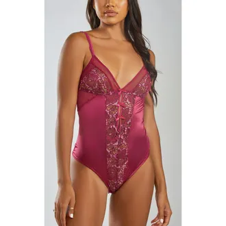 iCollection Two-Toned Lace & Satin Bodysuit in Wine at Nordstrom, Size X-Large