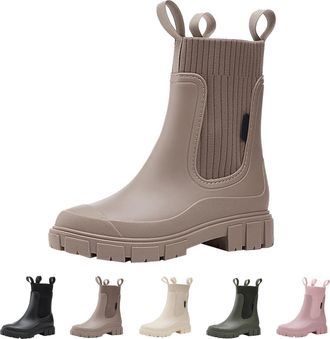 Generic Slip On Rain Boots for Womens Wellington Winter Warm Elastic Chelsea Boots with Plush Lined Ladies Outdoor Waterproof Anti-Slip Ankle Rain Shoes for G