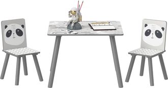 OEM Set De Mesa Y 2 Sillas Conjunto De Muebles Infantiles De 3 Piezas Para Ni&ntilde;os De +3 A&ntilde;os Con Cenefa Y Panda Gris Y Blanco