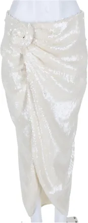 Rotate Knee-Length Beige Skirt With Textured Sequin Finish And Floral Detail
